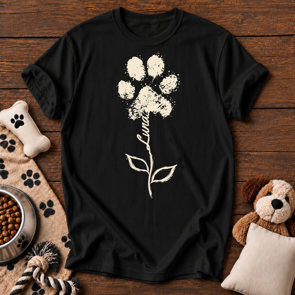 Custom Name Paw Flower Tee — personalized dog t-shirt in Black, Comfort Colors 1717 flat lay