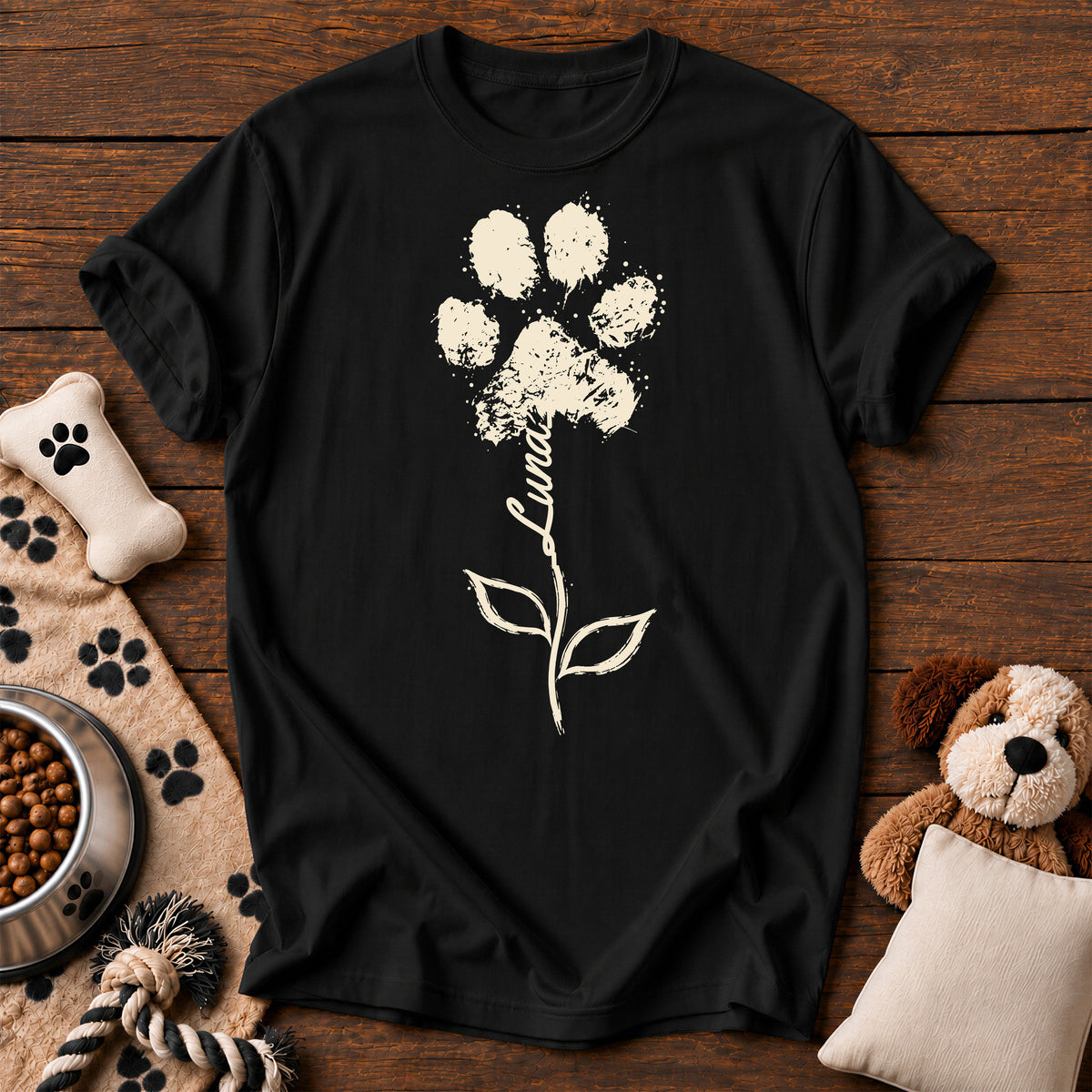 Custom Name Paw Flower Tee — personalized dog t-shirt in Black, Comfort Colors 1717 flat lay