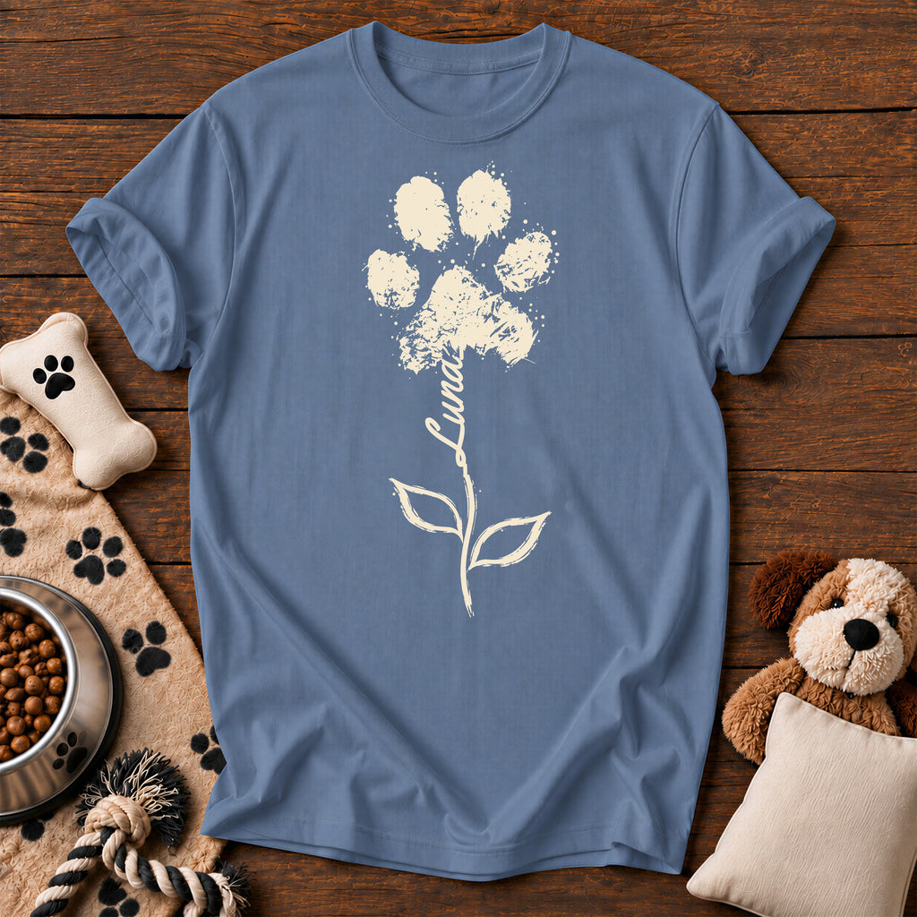 Custom Name Paw Flower Tee — personalized dog t-shirt in Blue Jean, Comfort Colors 1717 flat lay