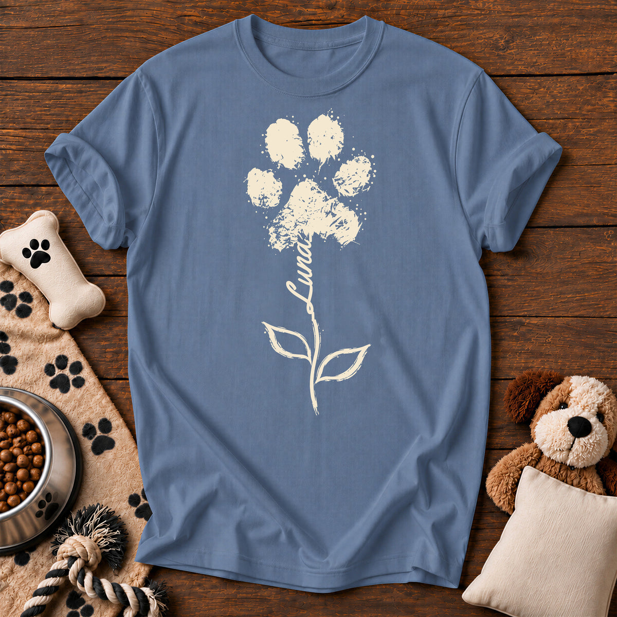 Custom Name Paw Flower Tee — personalized dog t-shirt in Blue Jean, Comfort Colors 1717 flat lay