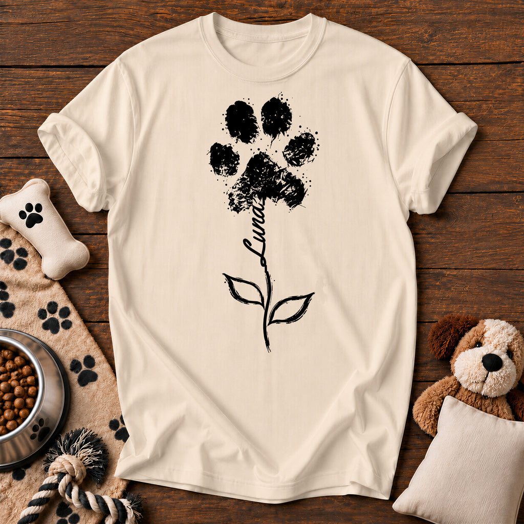 Custom Name Paw Flower Tee — personalized dog t-shirt in Ivory, Comfort Colors 1717 flat lay