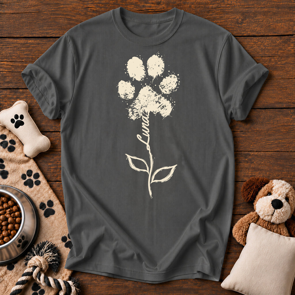Custom Name Paw Flower Tee — personalized dog t-shirt in Pepper, Comfort Colors 1717 flat lay