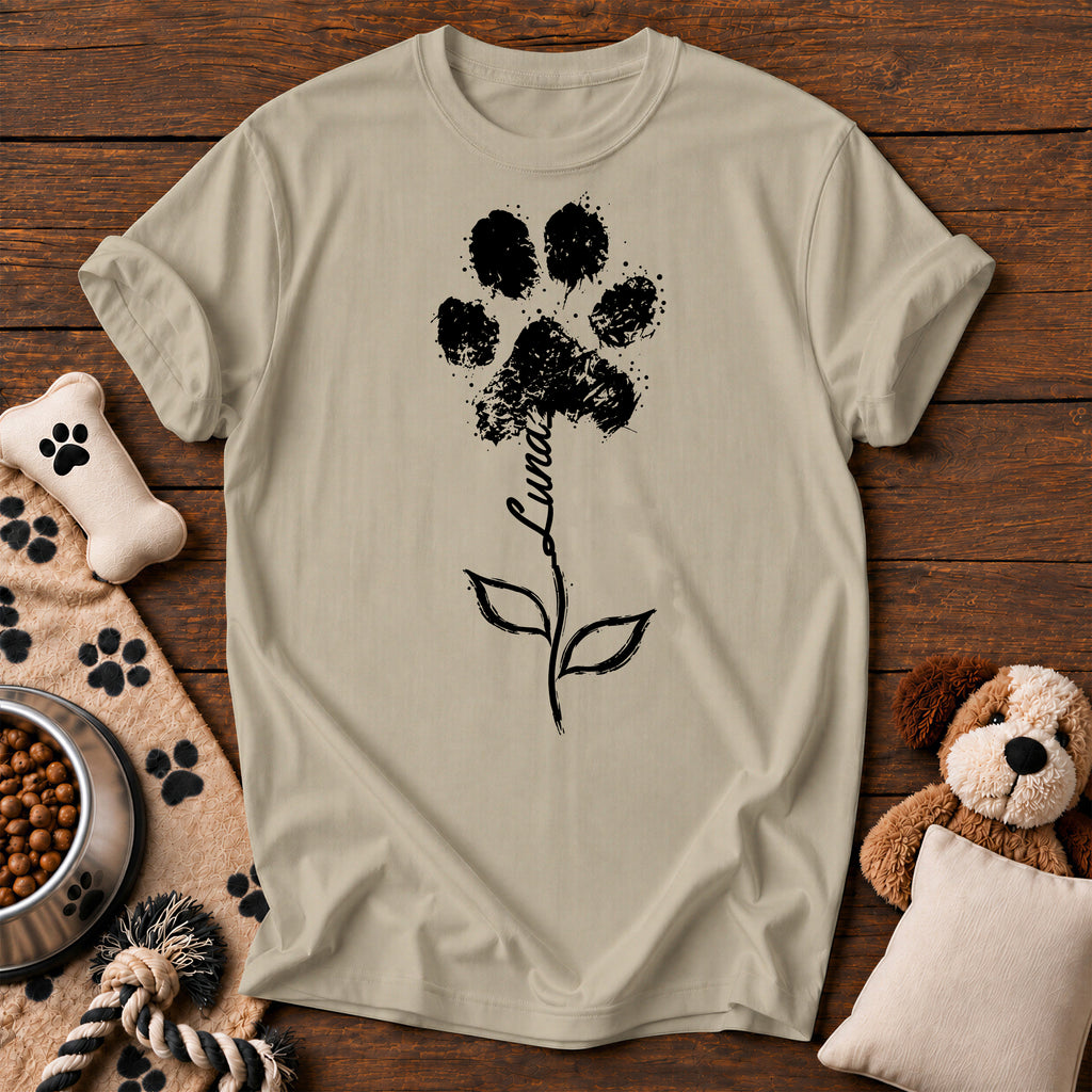 Custom Name Paw Flower Tee — personalized dog t-shirt in Sandstone, Comfort Colors 1717 flat lay