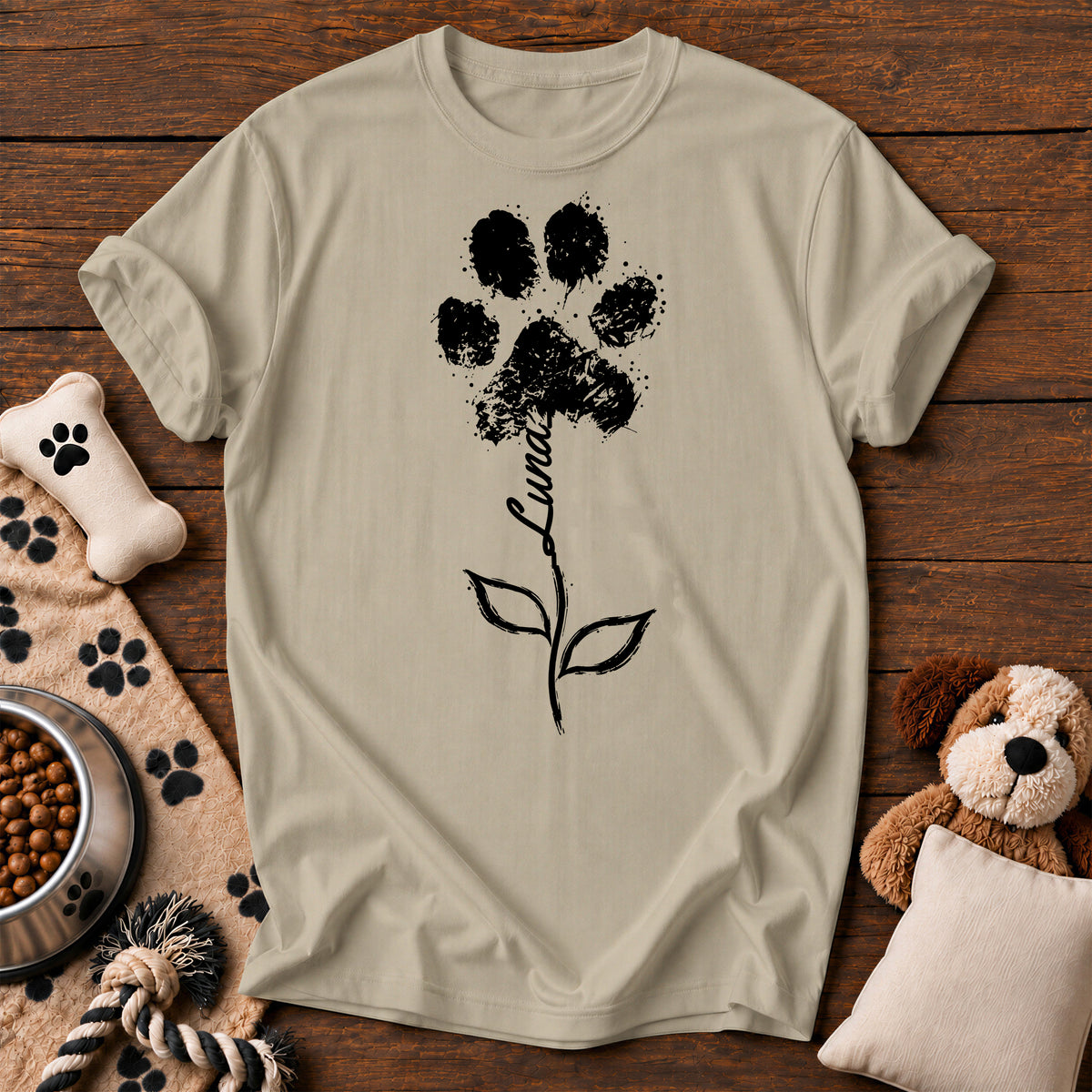 Custom Name Paw Flower Tee — personalized dog t-shirt in Sandstone, Comfort Colors 1717 flat lay