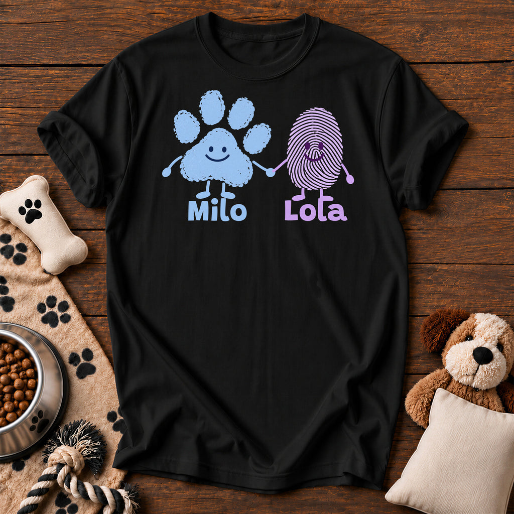 Custom Paw & Fingerprint Tee — personalized dog t-shirt in Black, Comfort Colors 1717 flat lay