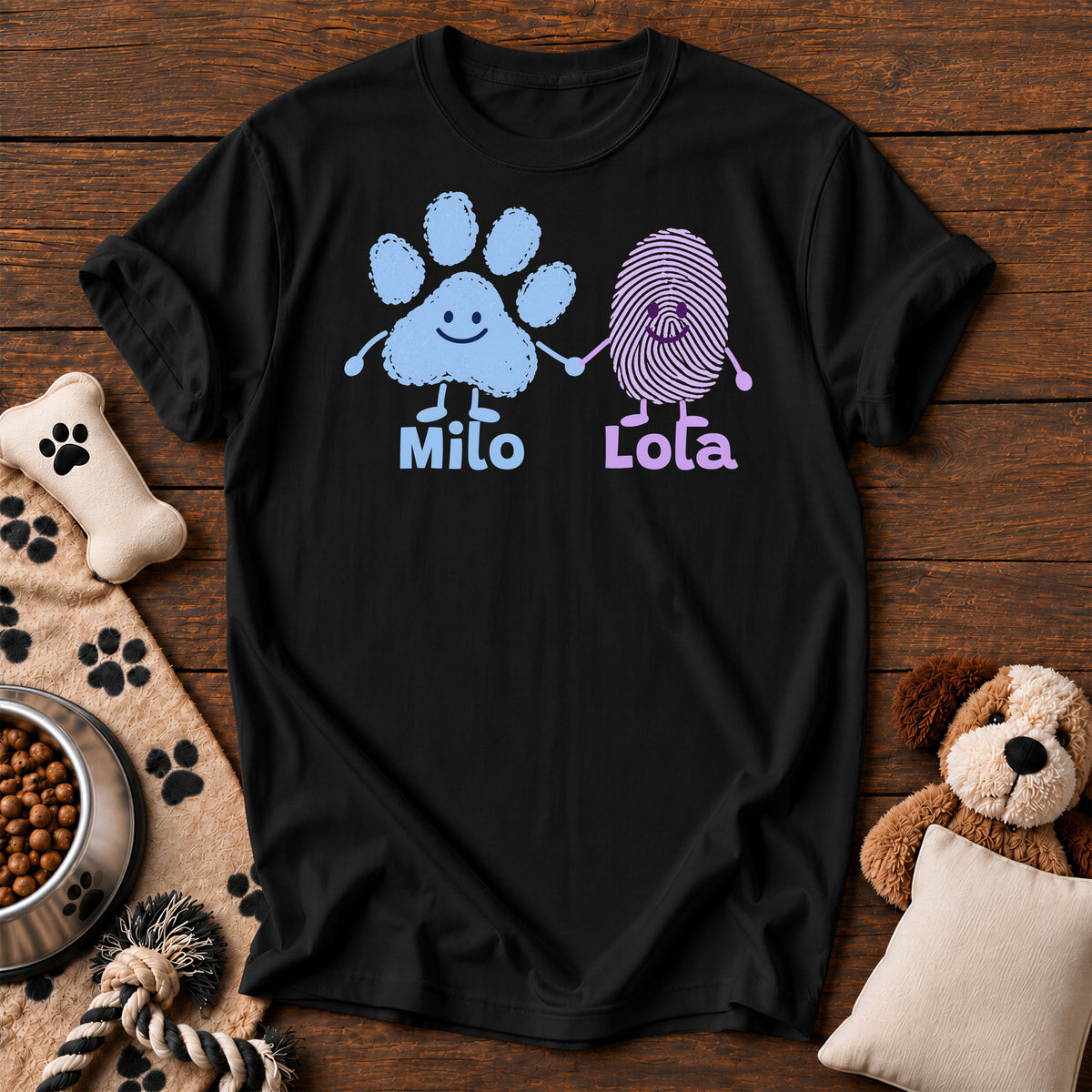 Custom Paw & Fingerprint Tee — personalized dog t-shirt in Black, Comfort Colors 1717 flat lay