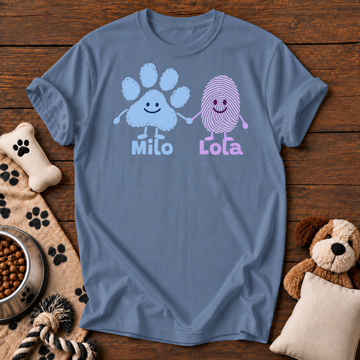 Custom Paw & Fingerprint Tee — personalized dog t-shirt in Blue Jean, Comfort Colors 1717 flat lay