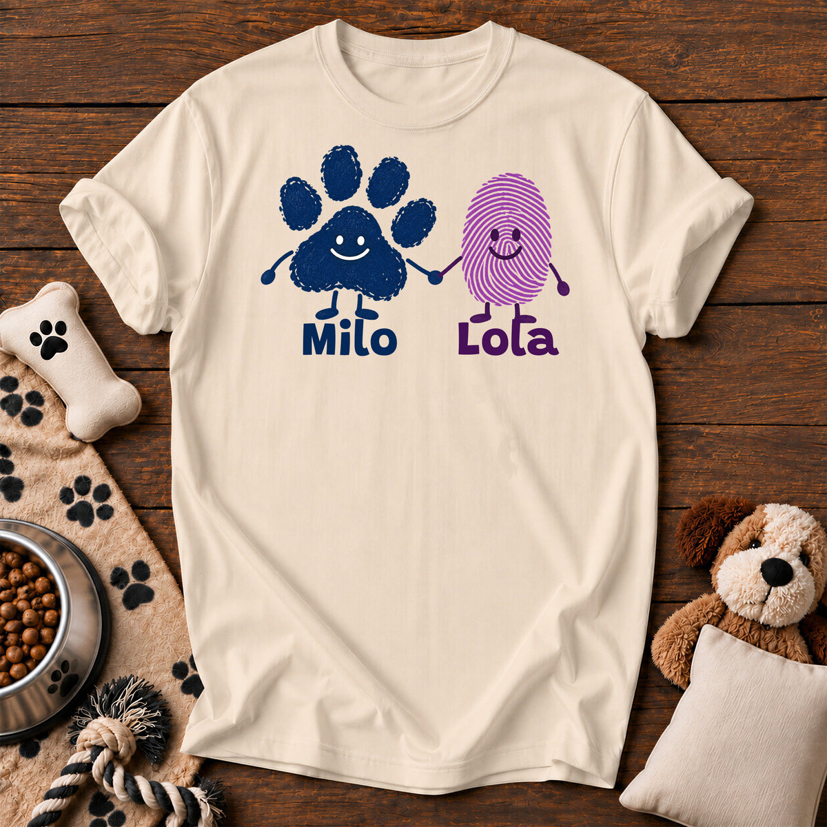 Custom Paw & Fingerprint Tee — personalized dog t-shirt in Ivory, Comfort Colors 1717 flat lay