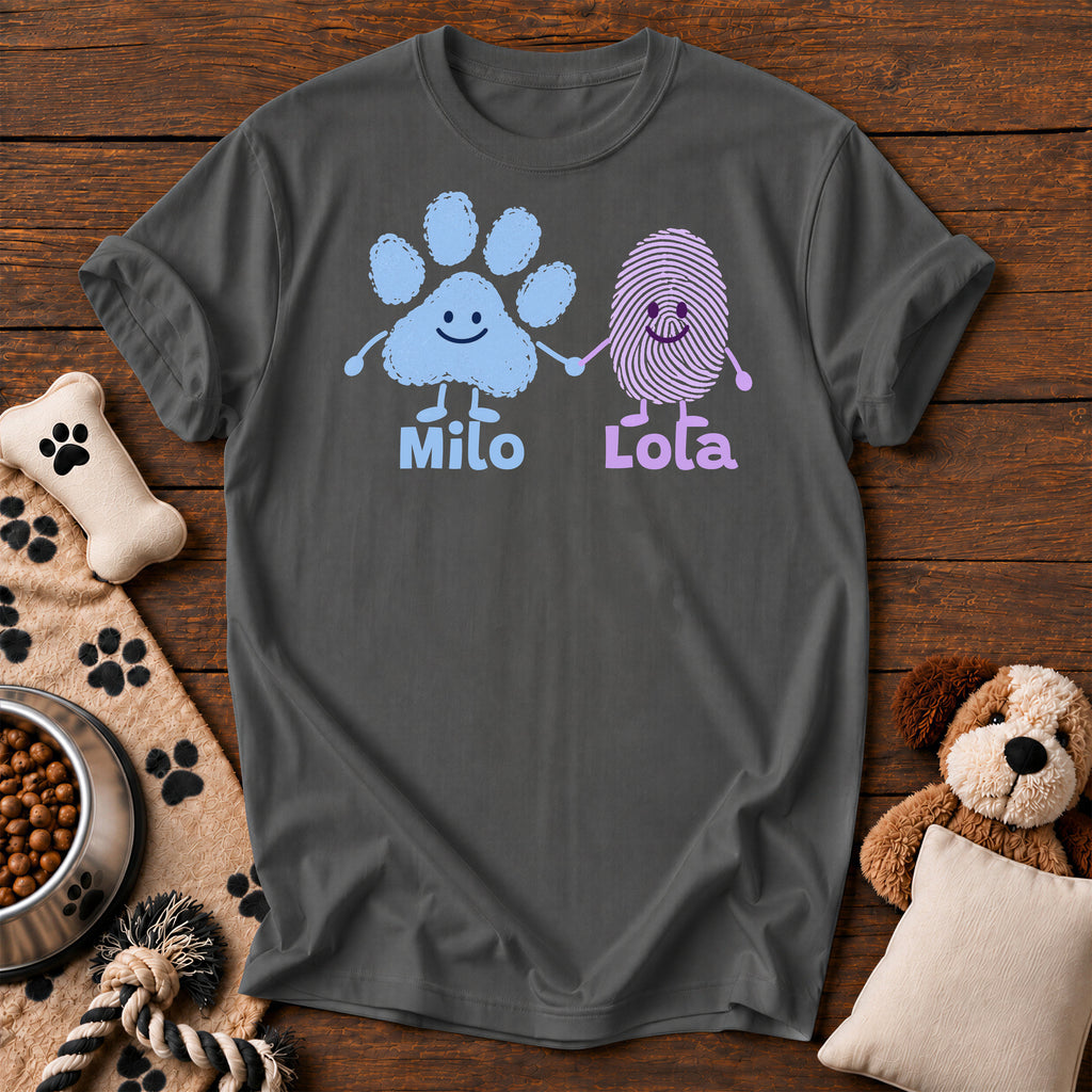 Custom Paw & Fingerprint Tee — personalized dog t-shirt in Pepper, Comfort Colors 1717 flat lay