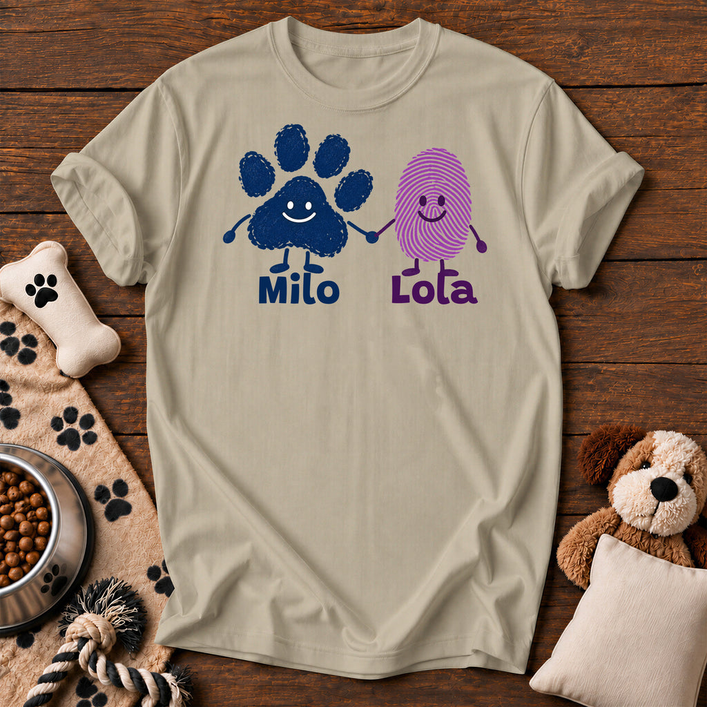 Custom Paw & Fingerprint Tee — personalized dog t-shirt in Sandstone, Comfort Colors 1717 flat lay