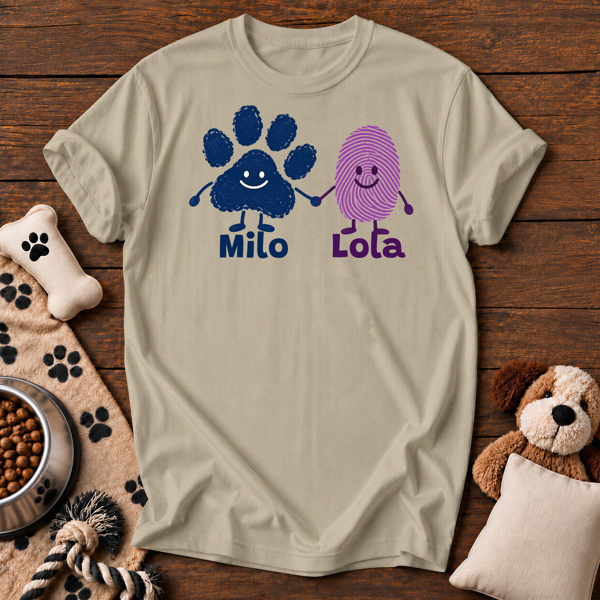 Custom Paw & Fingerprint Tee — personalized dog t-shirt in Sandstone, Comfort Colors 1717 flat lay