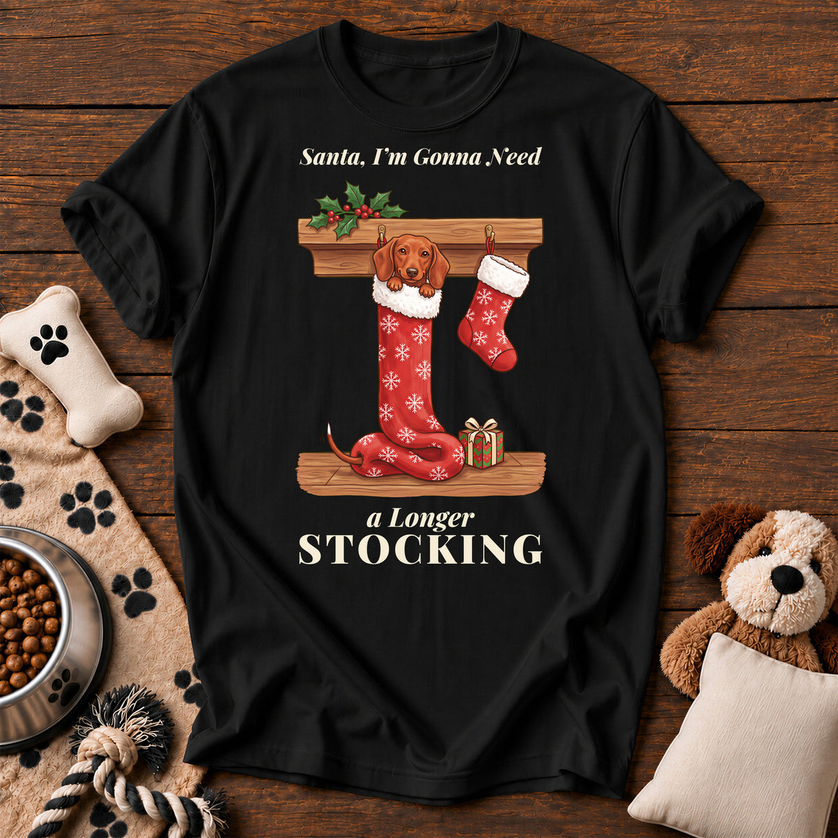 Dachshund Longer Stocking Tee — funny dog t-shirt in Black, Comfort Colors 1717 flat lay