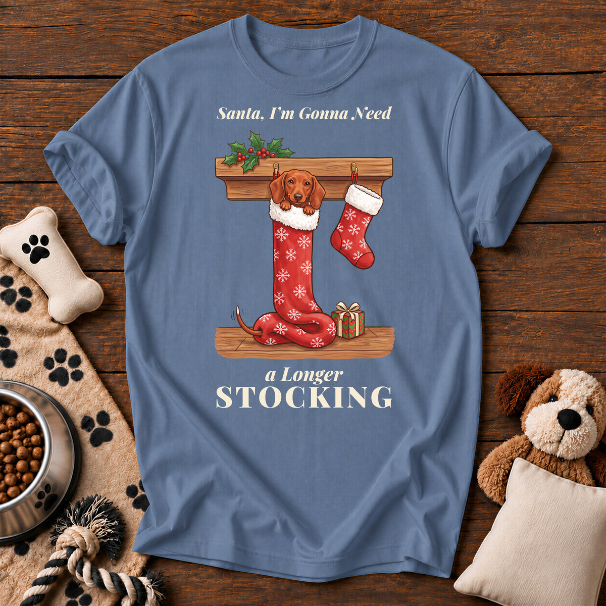 Dachshund Longer Stocking Tee — funny dog t-shirt in Blue Jean, Comfort Colors 1717 flat lay