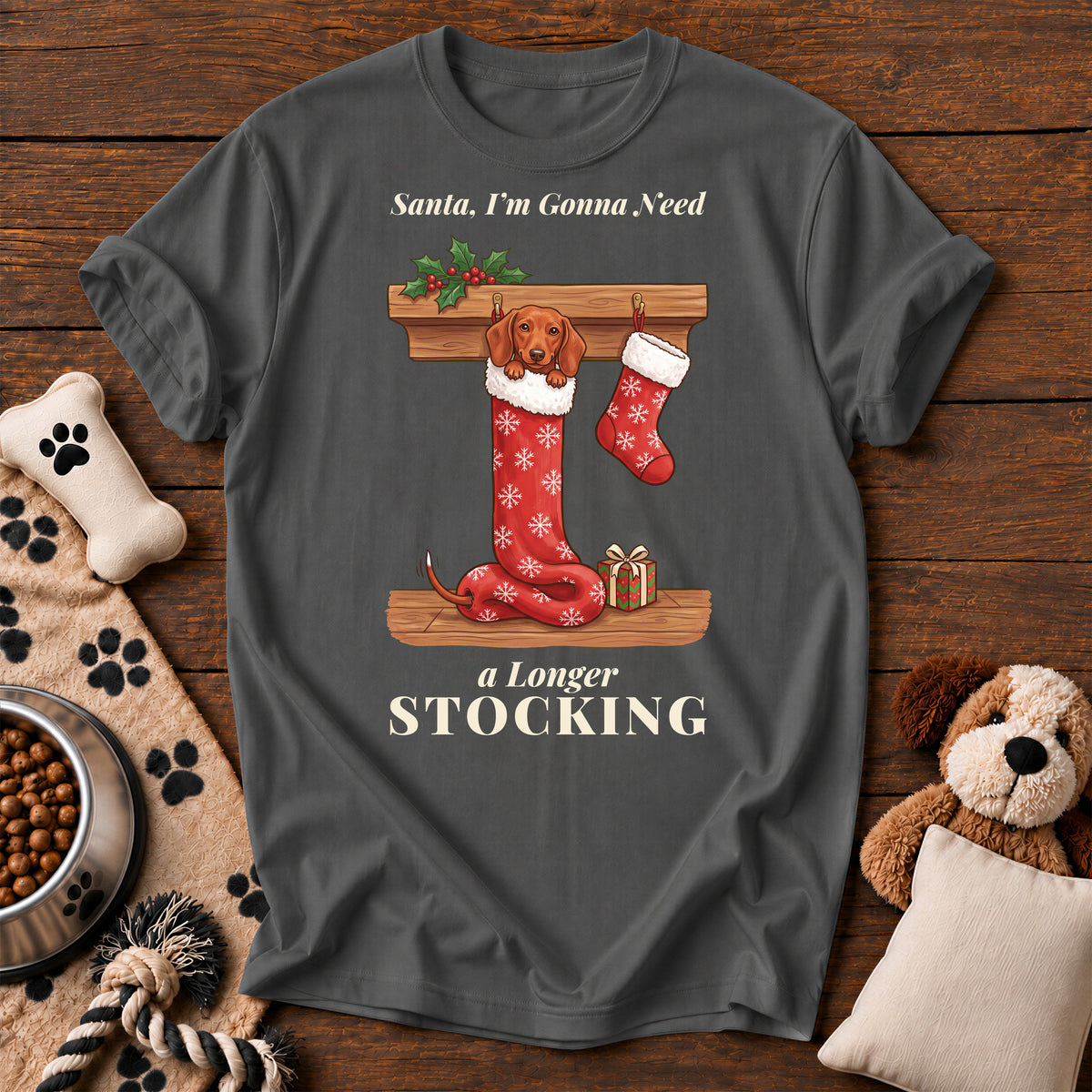 Dachshund Longer Stocking Tee — funny dog t-shirt in Pepper, Comfort Colors 1717 flat lay