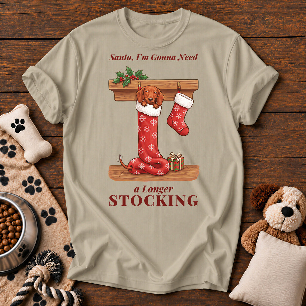 Dachshund Longer Stocking Tee — funny dog t-shirt in Sandstone, Comfort Colors 1717 flat lay