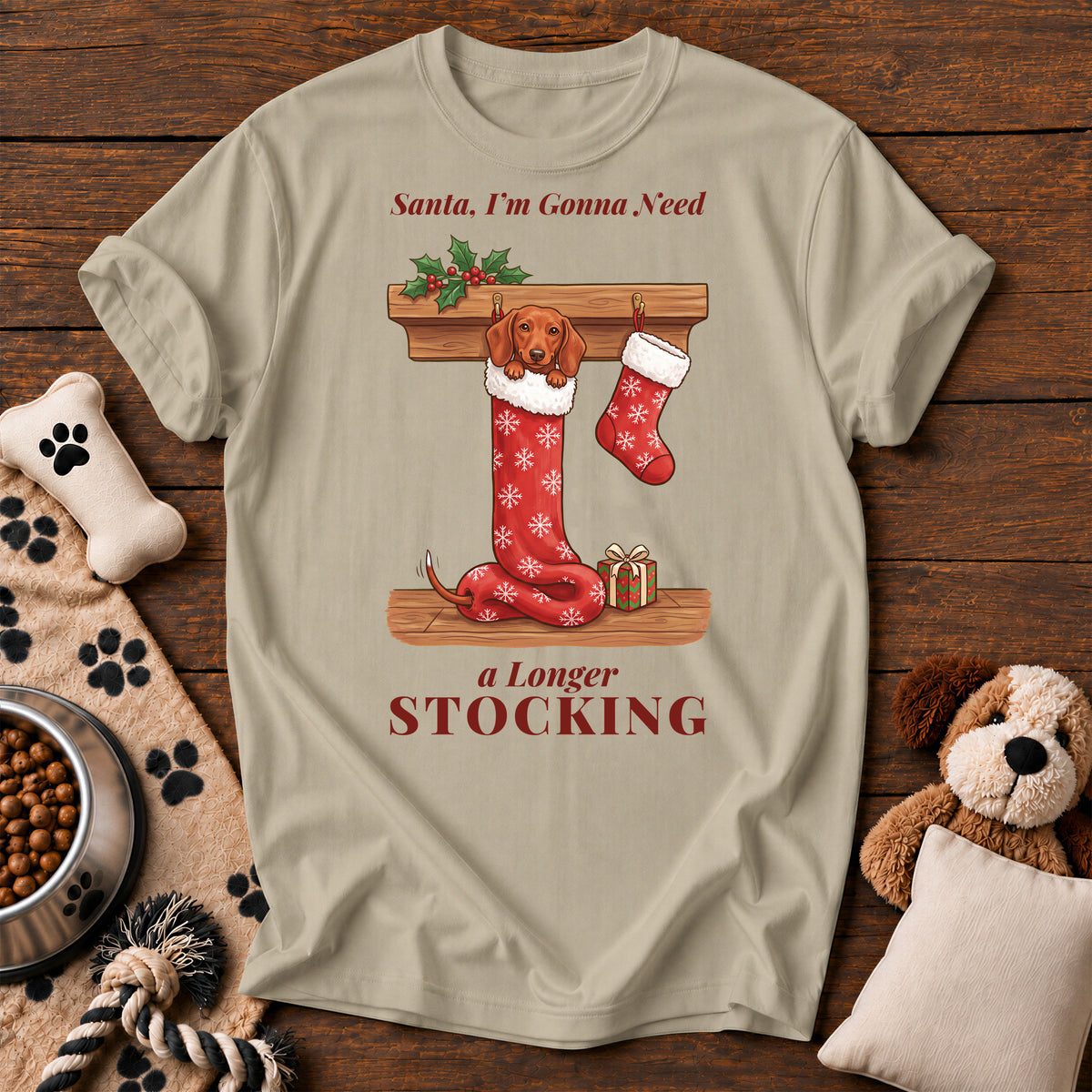 Dachshund Longer Stocking Tee — funny dog t-shirt in Sandstone, Comfort Colors 1717 flat lay