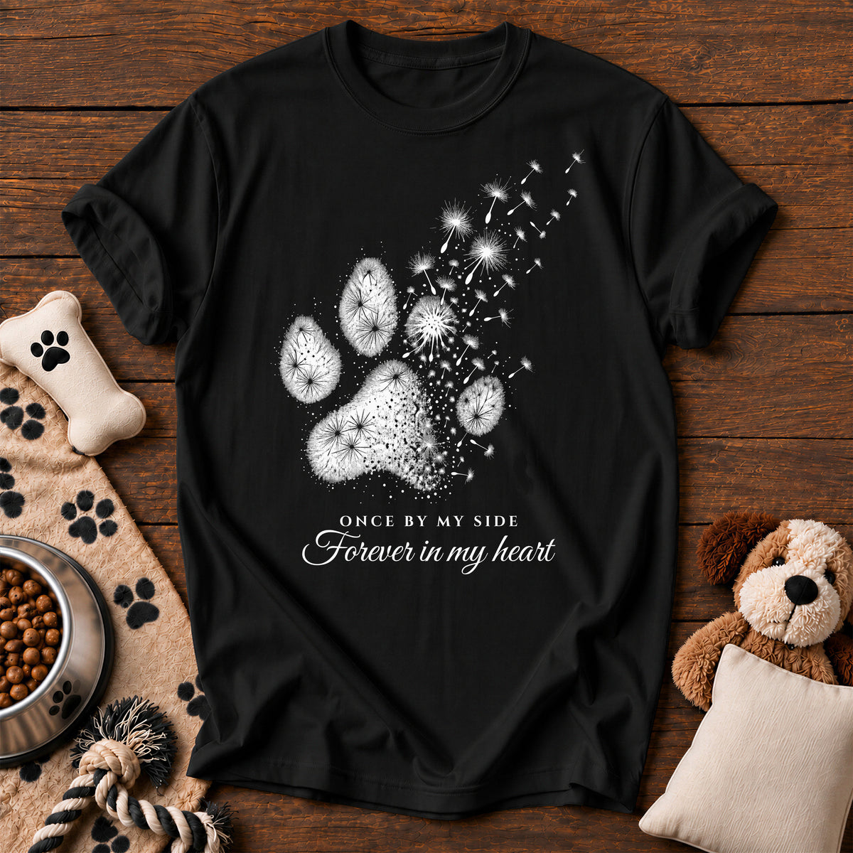 Dandelion Paw Dog Memorial Tee — dog memorial t-shirt in Black, Comfort Colors 1717 flat lay