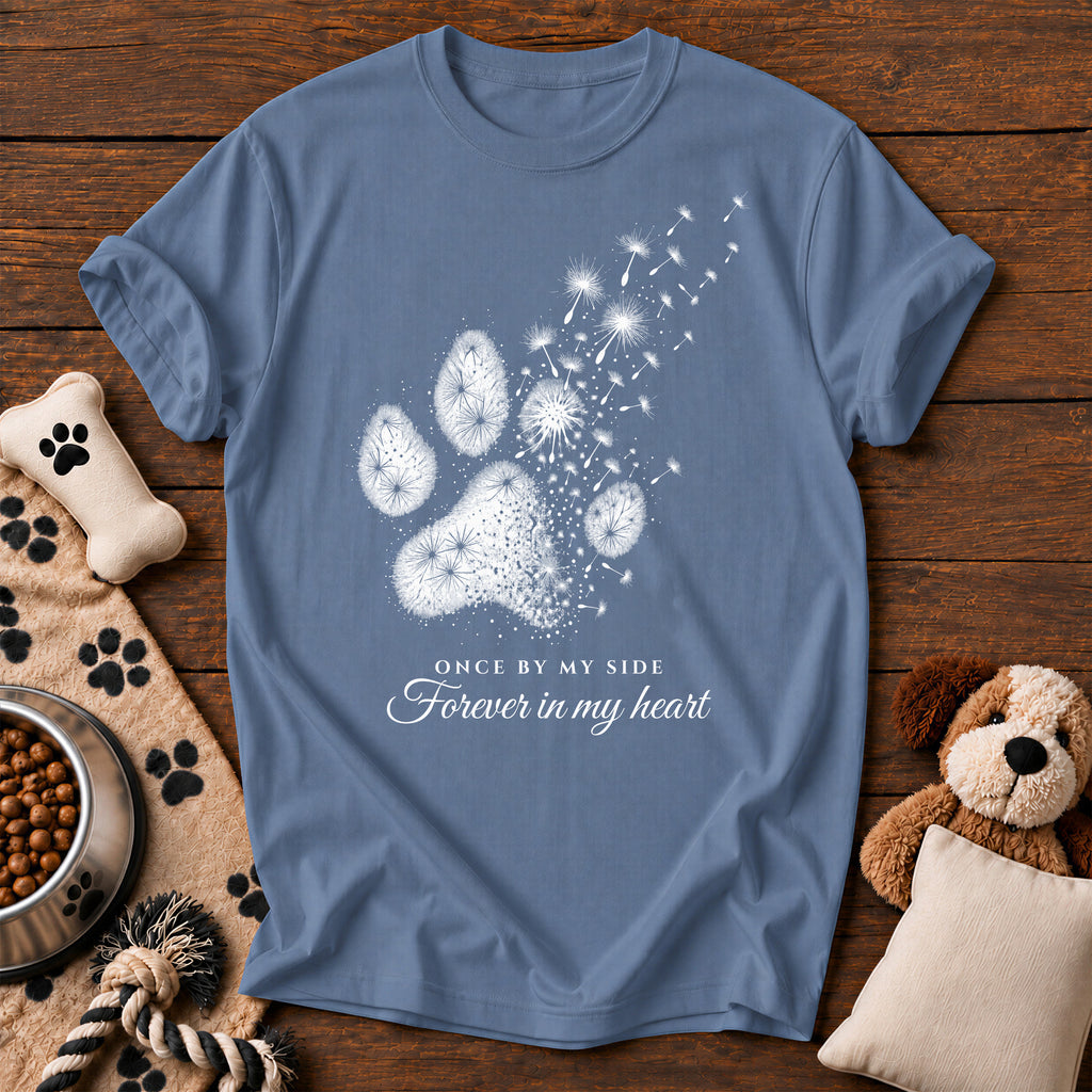 Dandelion Paw Dog Memorial Tee — dog memorial t-shirt in Blue Jean, Comfort Colors 1717 flat lay