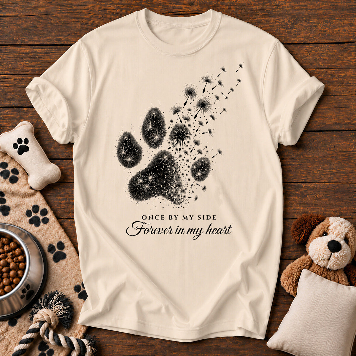 Dandelion Paw Dog Memorial Tee — dog memorial t-shirt in Ivory, Comfort Colors 1717 flat lay