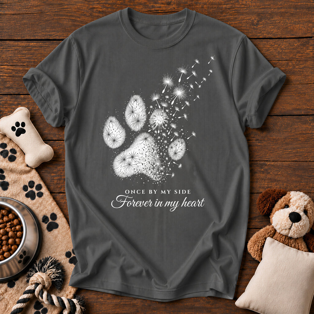 Dandelion Paw Dog Memorial Tee — dog memorial t-shirt in Pepper, Comfort Colors 1717 flat lay