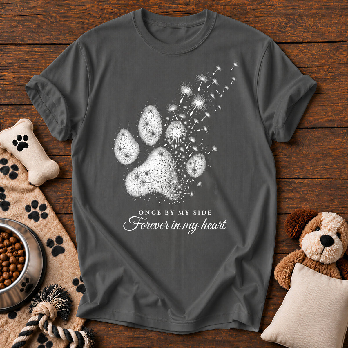 Dandelion Paw Dog Memorial Tee — dog memorial t-shirt in Pepper, Comfort Colors 1717 flat lay