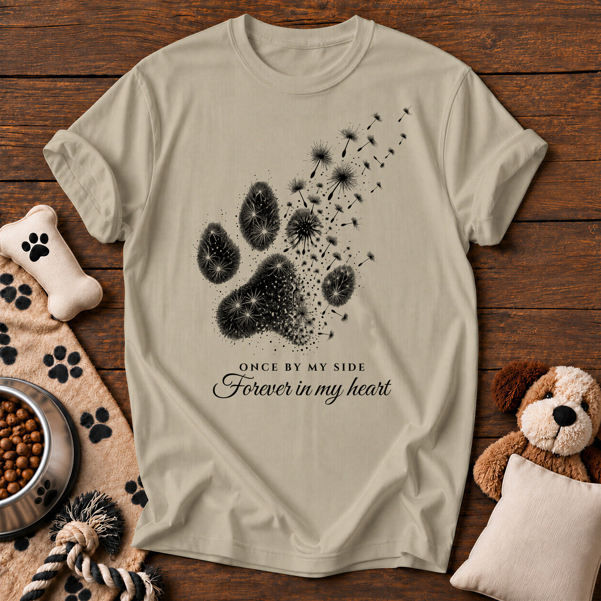 Dandelion Paw Dog Memorial Tee — dog memorial t-shirt in Sandstone, Comfort Colors 1717 flat lay