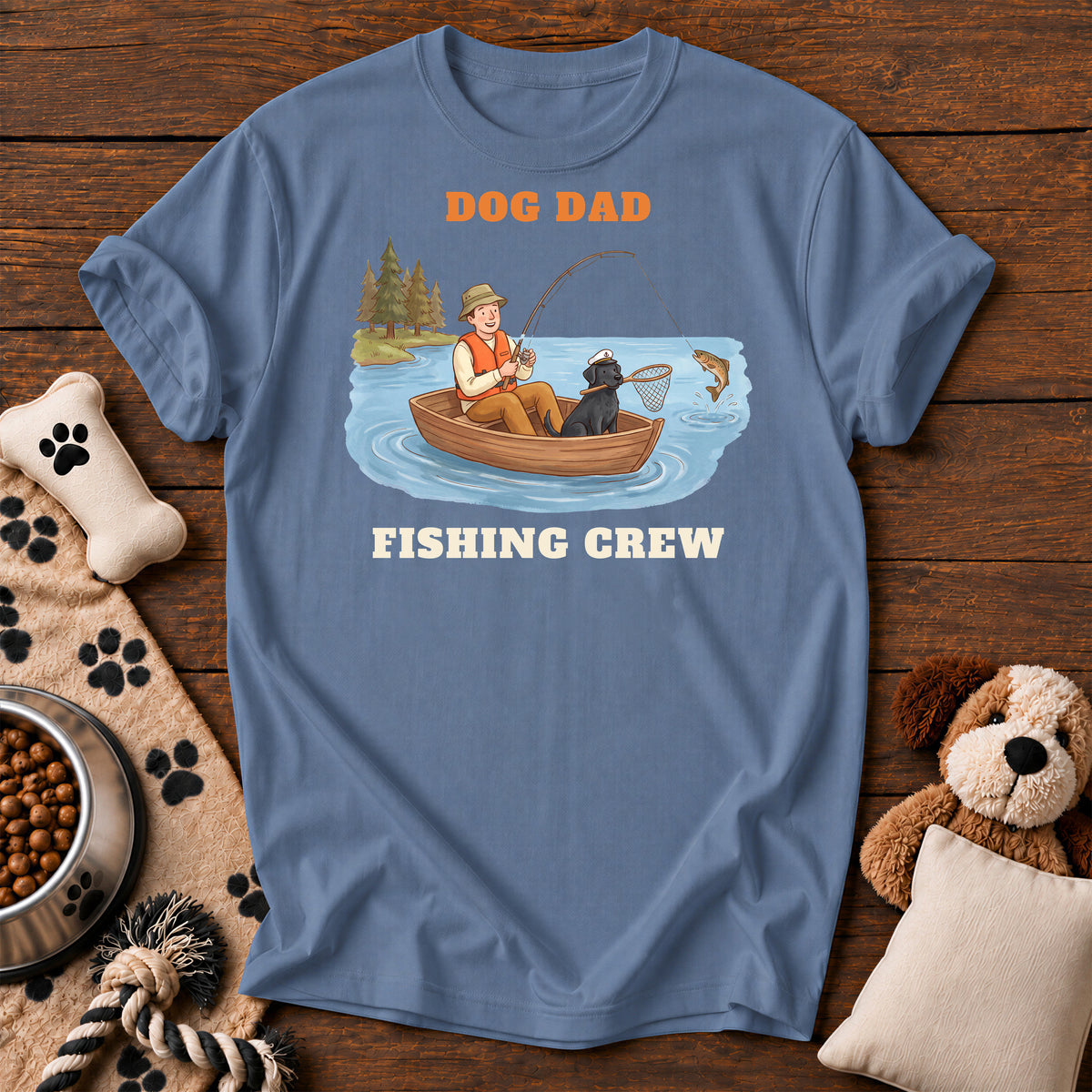 Dog Dad Fishing Crew Tee — funny dog t-shirt in Blue Jean, Comfort Colors 1717 flat lay