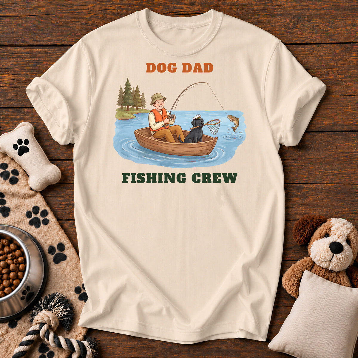 Dog Dad Fishing Crew Tee — funny dog t-shirt in Ivory, Comfort Colors 1717 flat lay