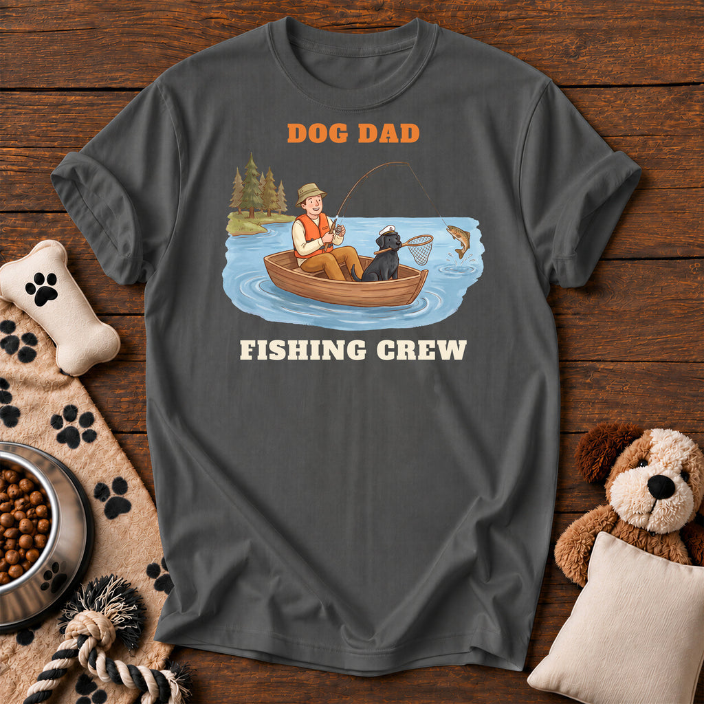 Dog Dad Fishing Crew Tee — funny dog t-shirt in Pepper, Comfort Colors 1717 flat lay