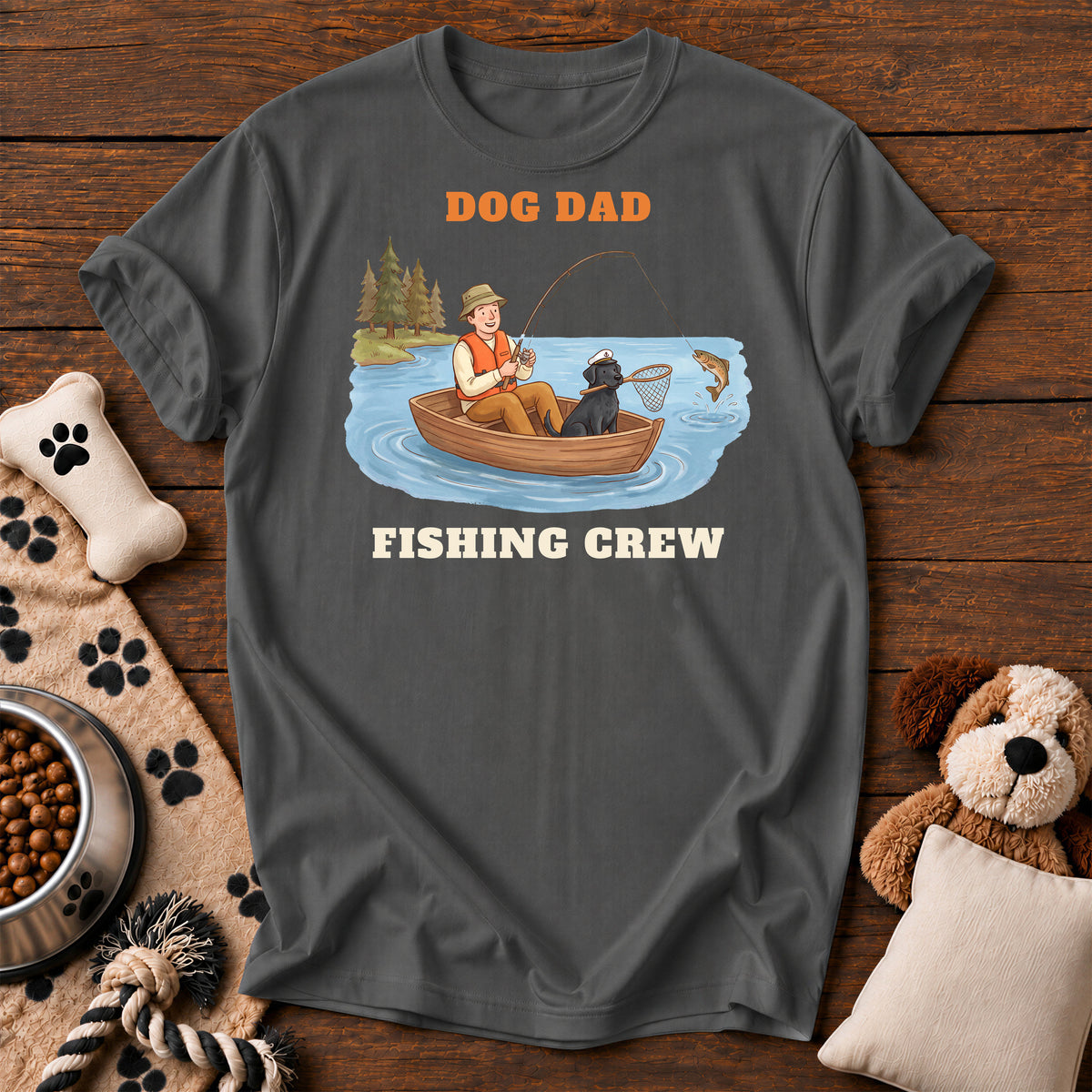 Dog Dad Fishing Crew Tee — funny dog t-shirt in Pepper, Comfort Colors 1717 flat lay