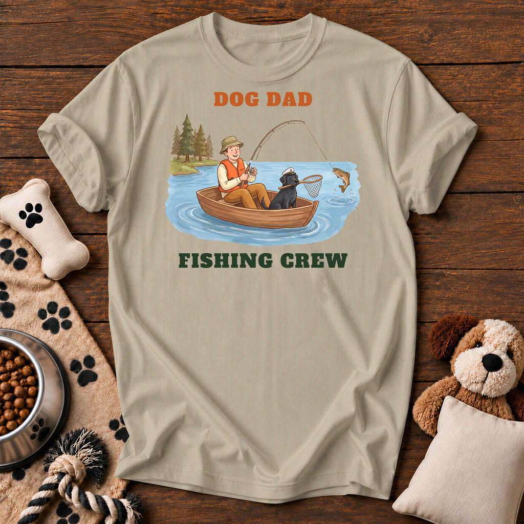 Dog Dad Fishing Crew Tee — funny dog t-shirt in Sandstone, Comfort Colors 1717 flat lay
