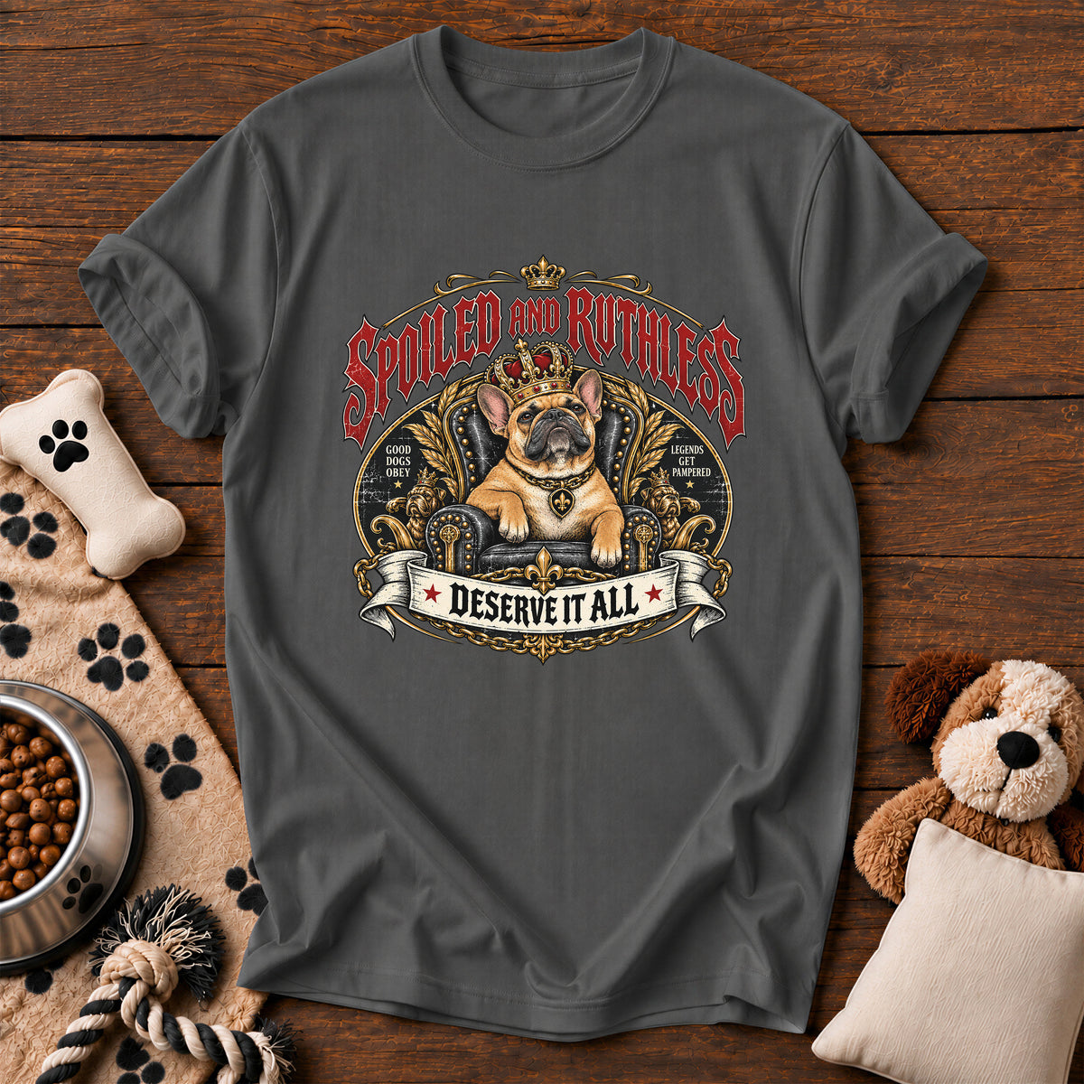 French Bulldog Spoiled and Ruthless Tee — funny dog t-shirt in Pepper, Comfort Colors 1717 flat lay