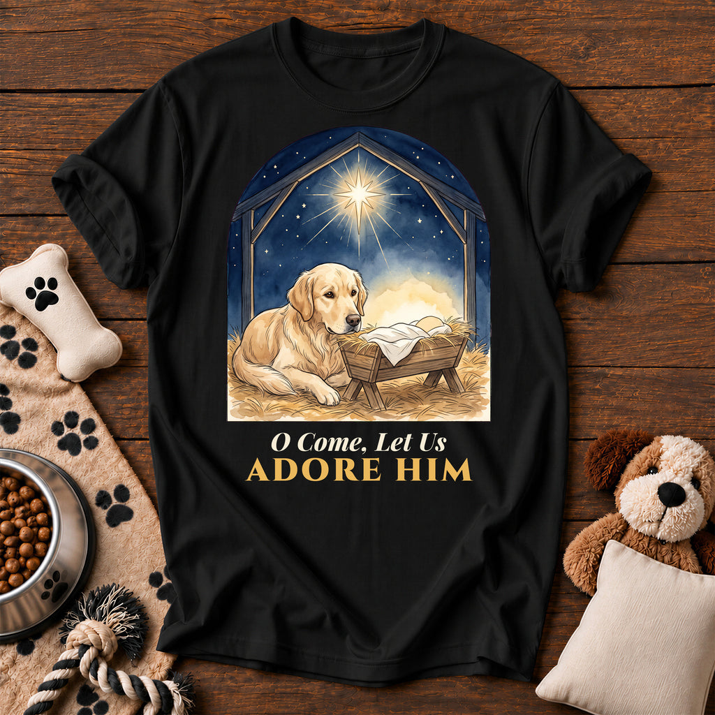 Golden Retriever Adore Him Tee — funny dog t-shirt in Black, Comfort Colors 1717 flat lay