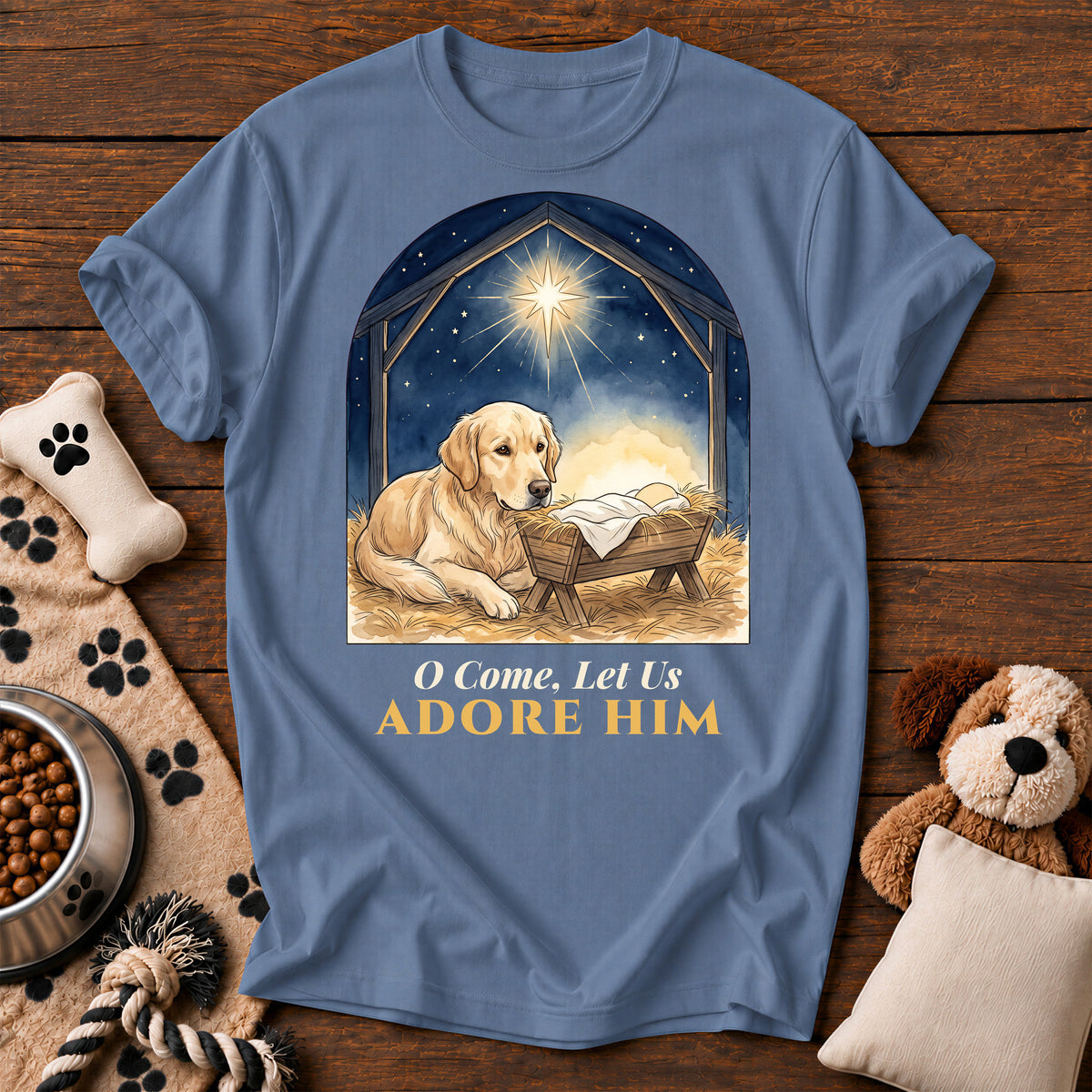 Golden Retriever Adore Him Tee — funny dog t-shirt in Blue Jean, Comfort Colors 1717 flat lay