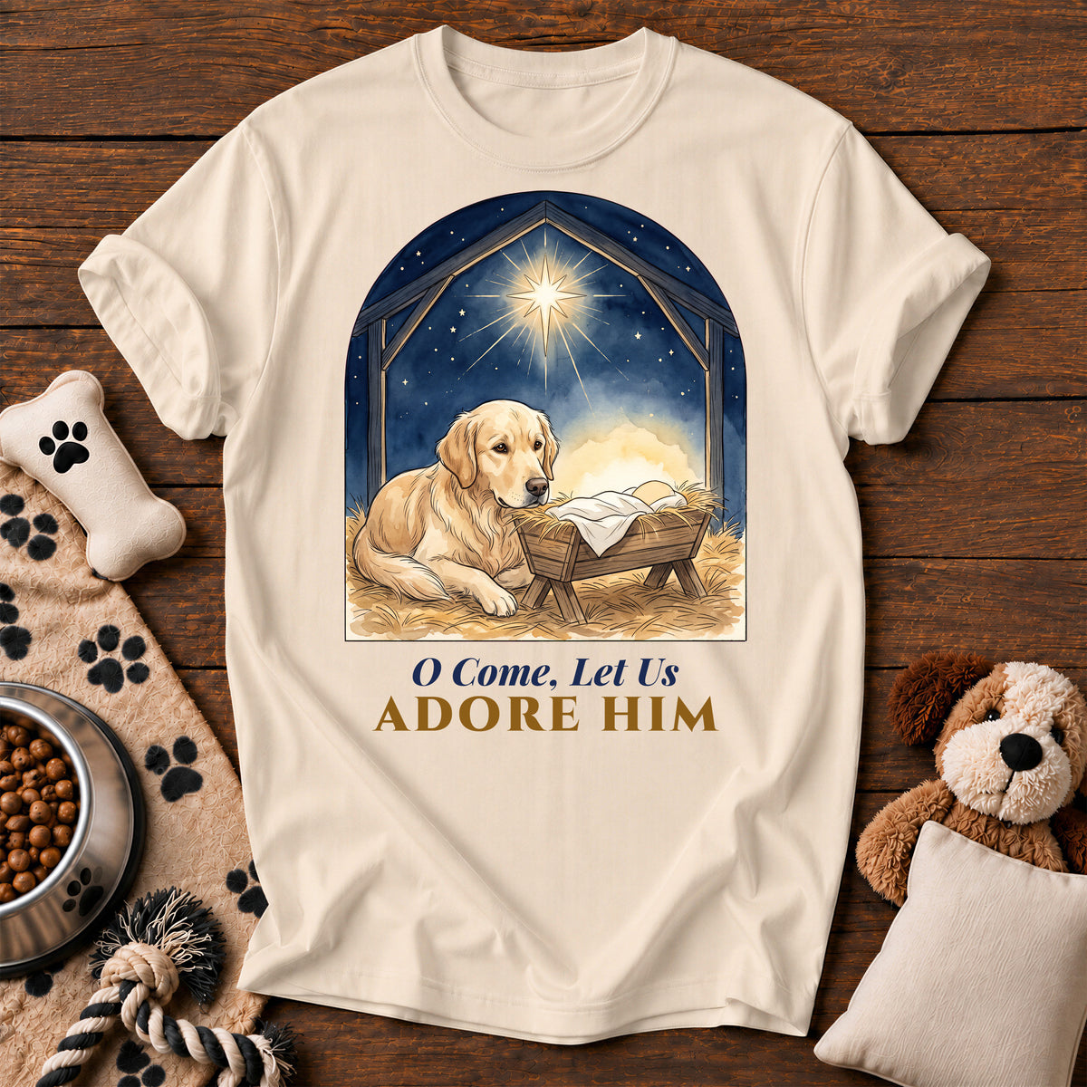 Golden Retriever Adore Him Tee — funny dog t-shirt in Ivory, Comfort Colors 1717 flat lay