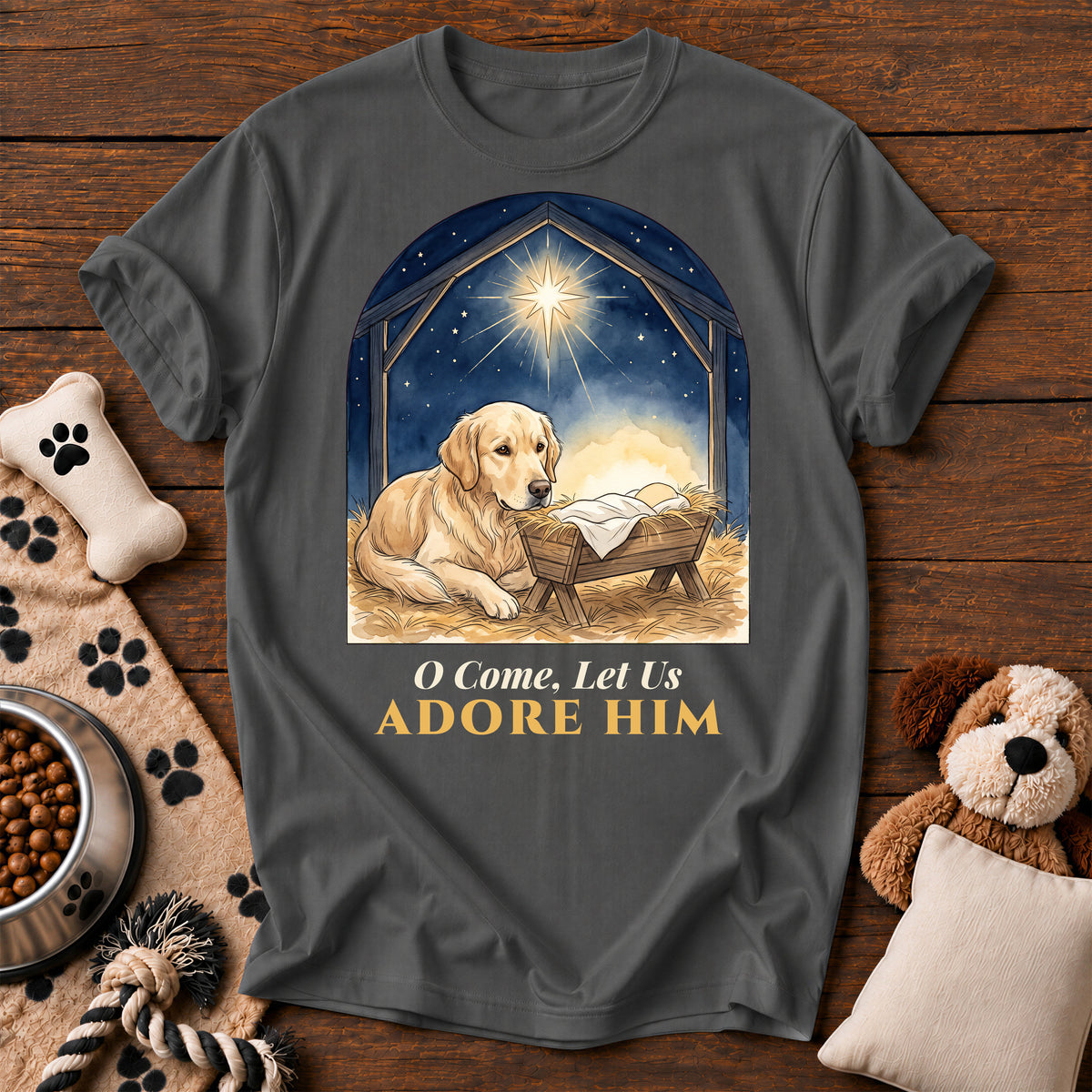 Golden Retriever Adore Him Tee — funny dog t-shirt in Pepper, Comfort Colors 1717 flat lay
