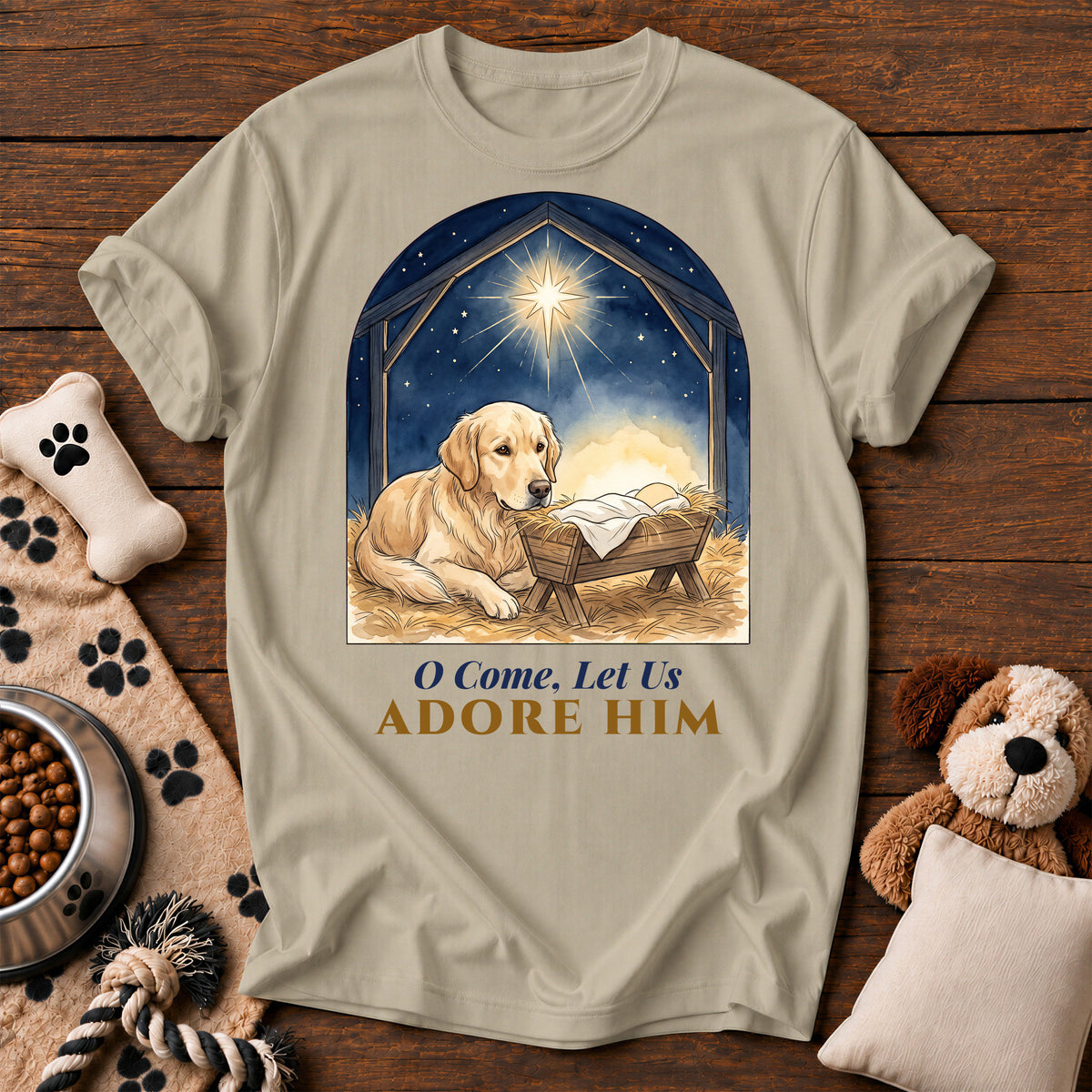 Golden Retriever Adore Him Tee — funny dog t-shirt in Sandstone, Comfort Colors 1717 flat lay