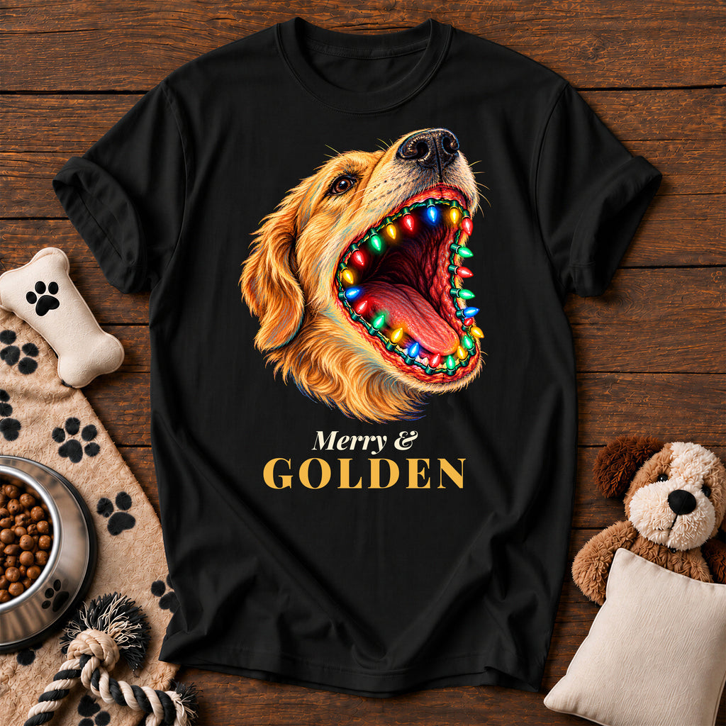 Golden Retriever Christmas Lights Tee — funny dog t-shirt in Black, Comfort Colors 1717 flat lay