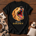 Golden Retriever Christmas Lights Tee — funny dog t-shirt in Black, Comfort Colors 1717 flat lay