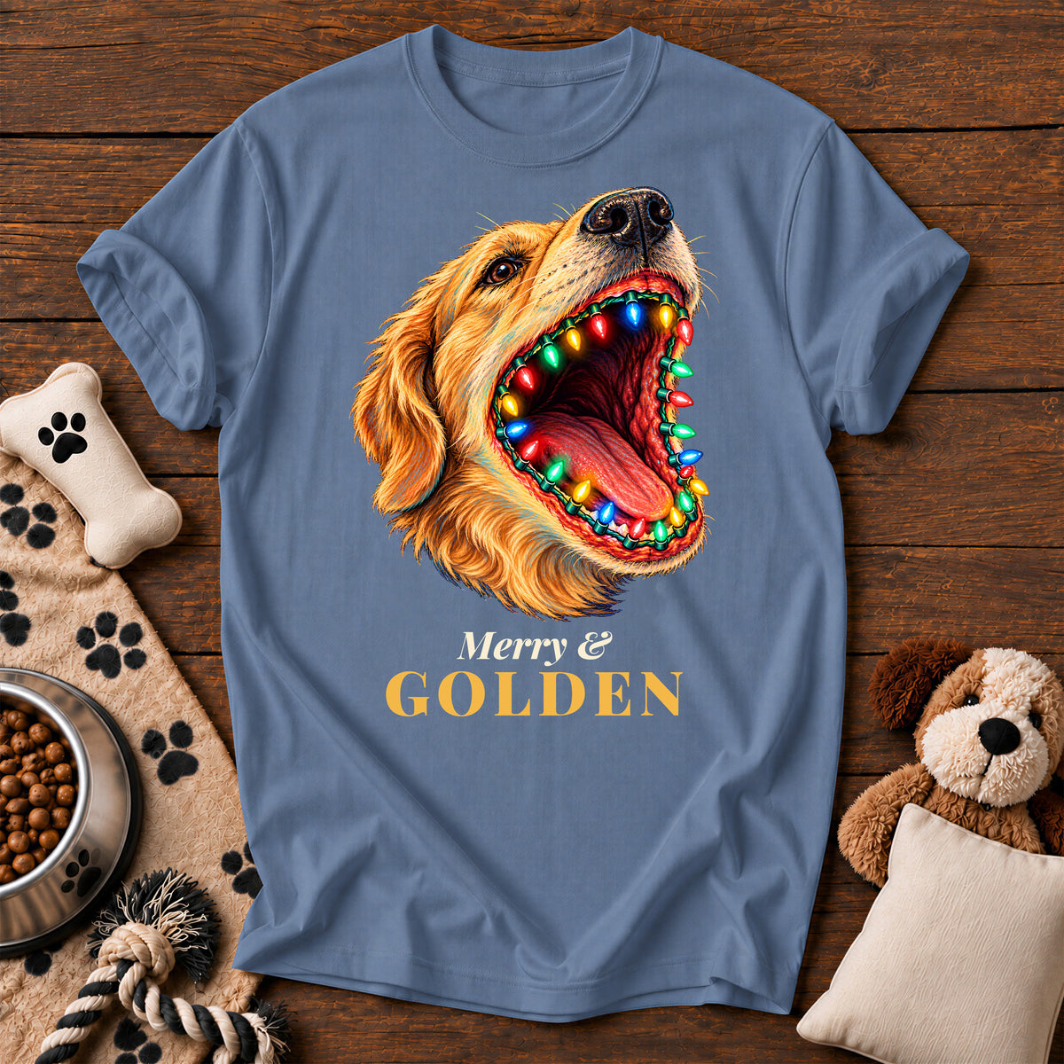 Golden Retriever Christmas Lights Tee — funny dog t-shirt in Blue Jean, Comfort Colors 1717 flat lay