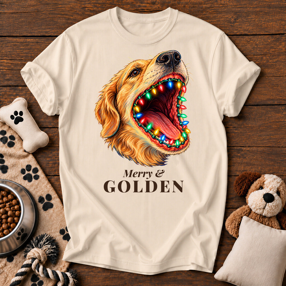 Golden Retriever Christmas Lights Tee — funny dog t-shirt in Ivory, Comfort Colors 1717 flat lay