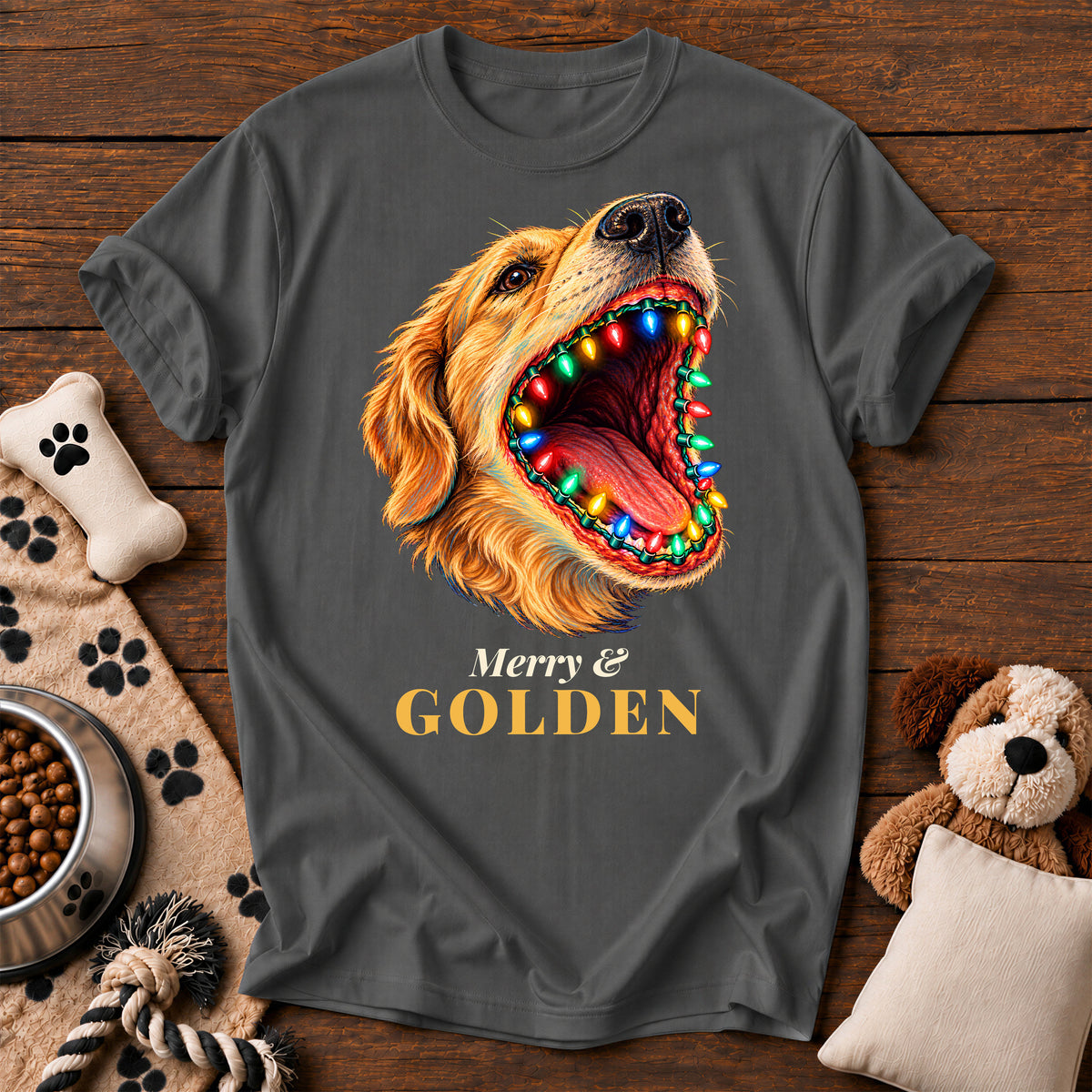 Golden Retriever Christmas Lights Tee — funny dog t-shirt in Pepper, Comfort Colors 1717 flat lay