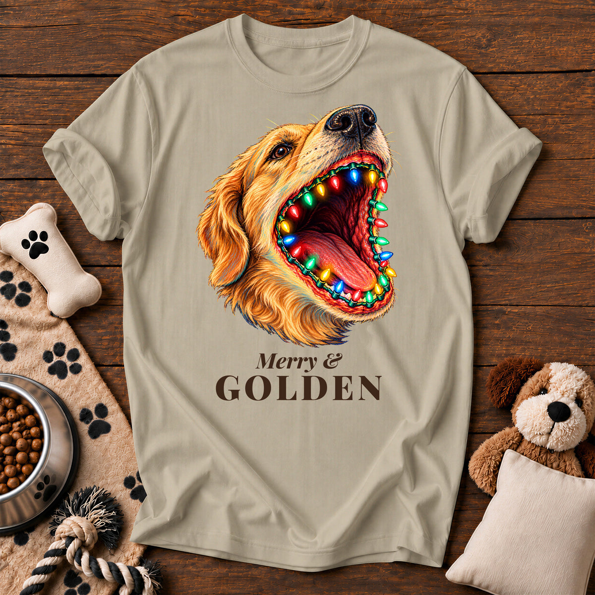 Golden Retriever Christmas Lights Tee — funny dog t-shirt in Sandstone, Comfort Colors 1717 flat lay