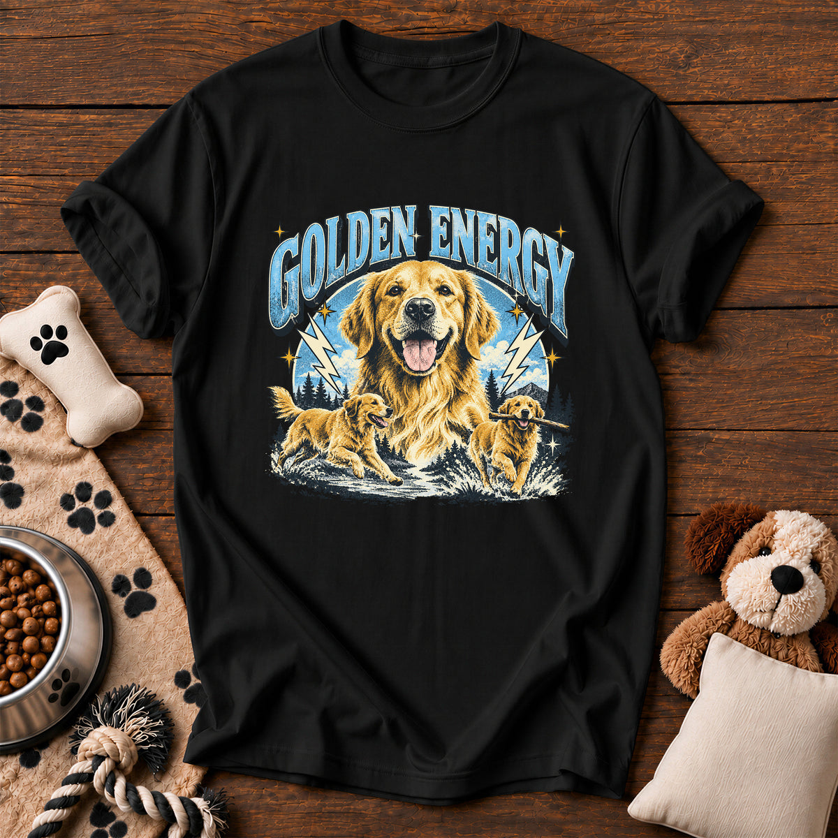 Golden Retriever Energy Tee — funny dog t-shirt in Black, Comfort Colors 1717 flat lay