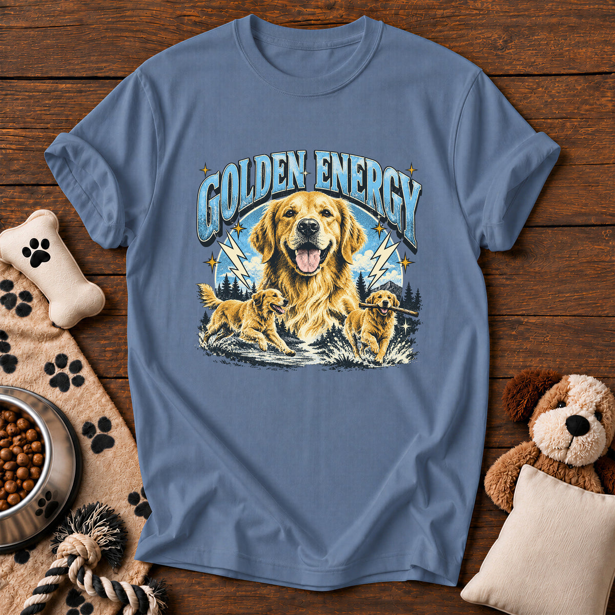 Golden Retriever Energy Tee — funny dog t-shirt in Blue Jean, Comfort Colors 1717 flat lay
