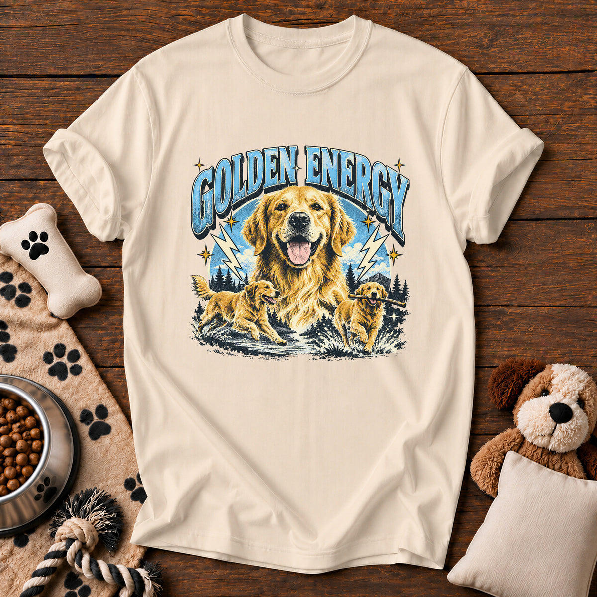 Golden Retriever Energy Tee — funny dog t-shirt in Ivory, Comfort Colors 1717 flat lay