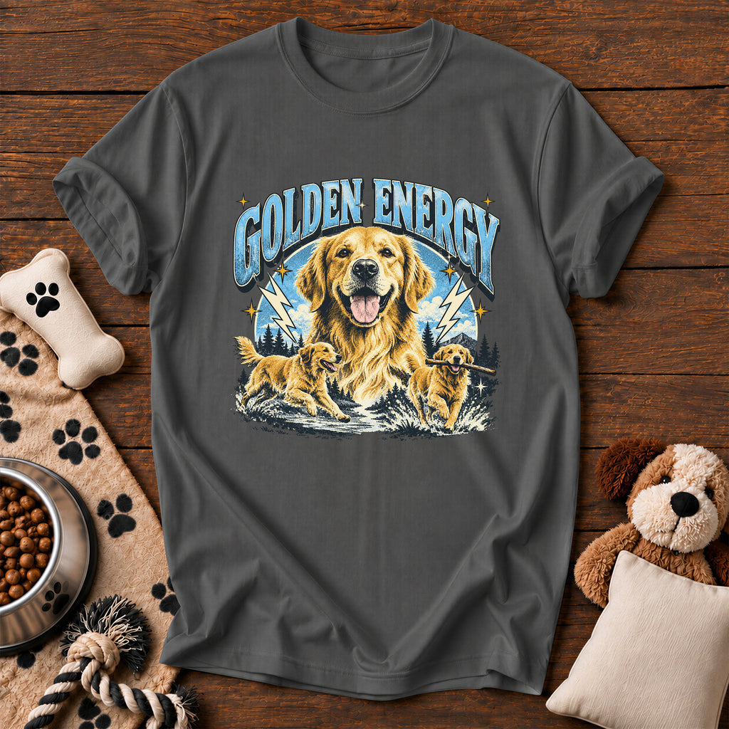 Golden Retriever Energy Tee — funny dog t-shirt in Pepper, Comfort Colors 1717 flat lay