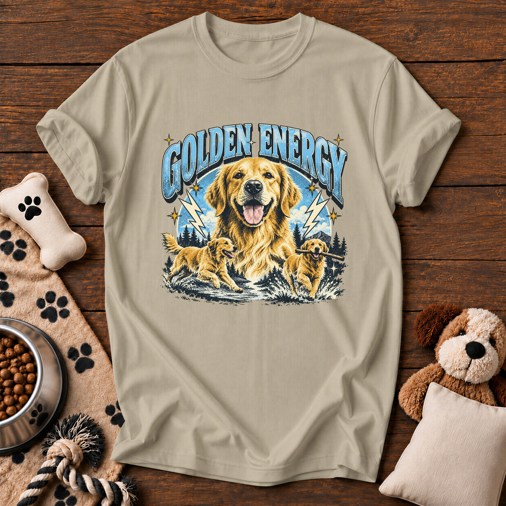 Golden Retriever Energy Tee — funny dog t-shirt in Sandstone, Comfort Colors 1717 flat lay