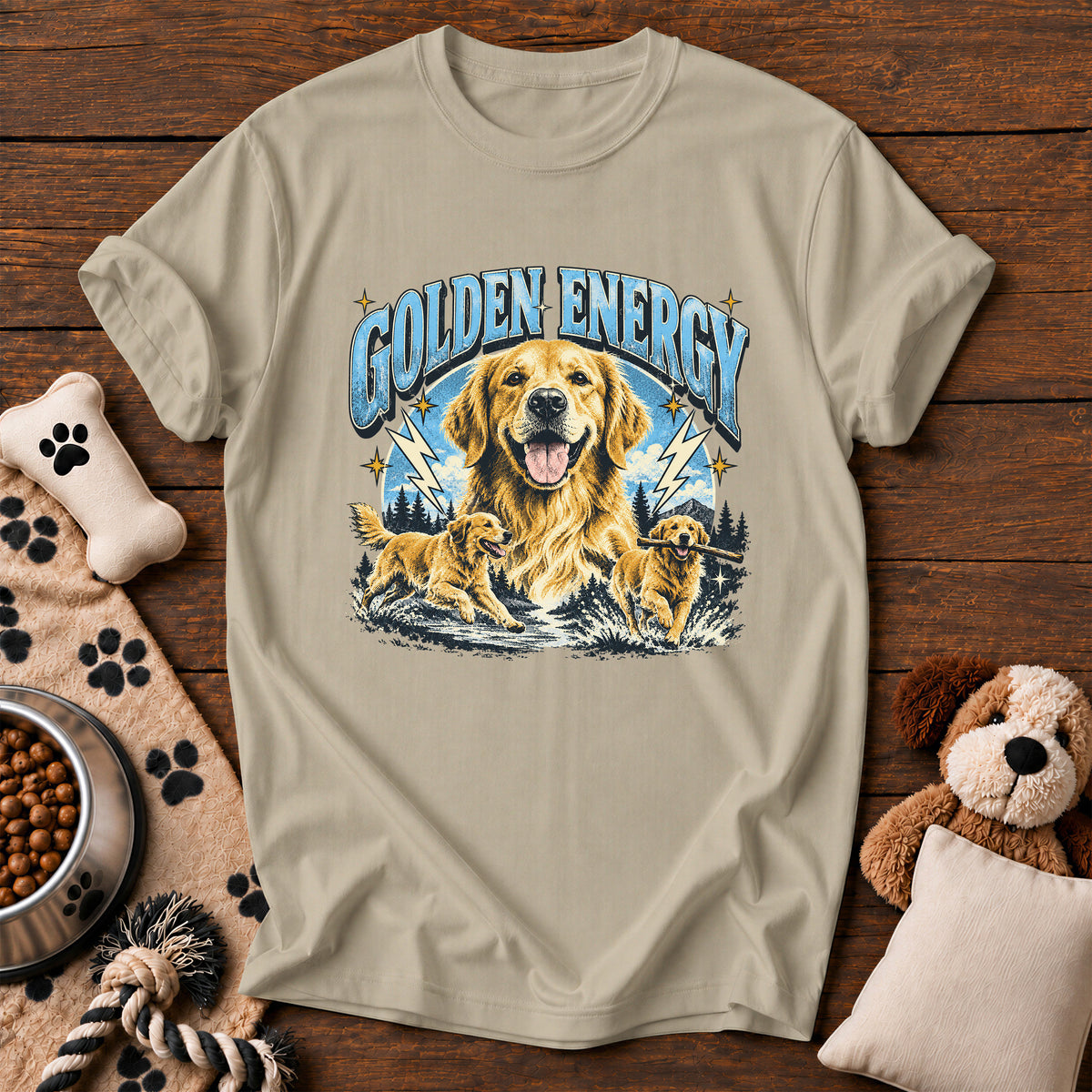 Golden Retriever Energy Tee — funny dog t-shirt in Sandstone, Comfort Colors 1717 flat lay