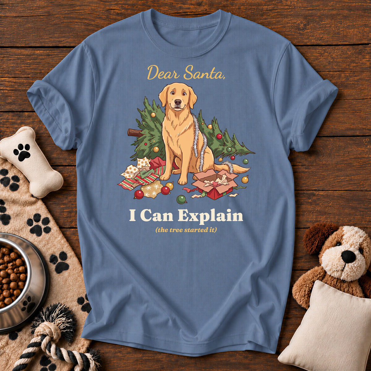 Golden Retriever I Can Explain Tee — funny dog t-shirt in Blue Jean, Comfort Colors 1717 flat lay